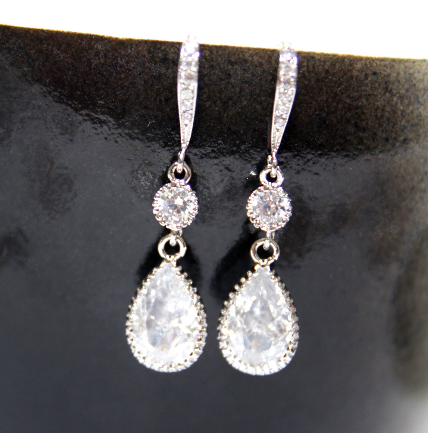 Ada - Wedding Teardrop Bridal Earrings, Silver Screen Beauty, Cubic Zirconia Crystal Teardrop Dangle Earrings, Bridesmaids Earrings