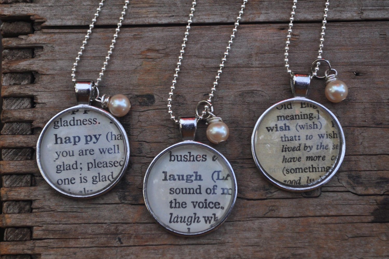 Personalized Vintage Dictionary Word Necklace Pendant- 3 Necklaces