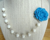 Cyan Blue Cabbage Rose Asymmetrical Statement Necklace Bridesmaid Necklace Something Blue Bridal Cornflower Blue