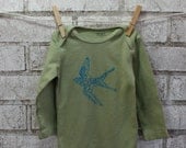 Screenprint Baby Onesie With Flying Swallow, Long Sleeved Bird Onesie,  hand dyed apple green or custom colors