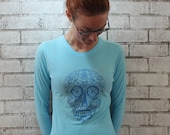 READY TO SHIP Day of the Dead Sugar Skull Long Sleeved Womans Tshirt,skull tee shirt, turquoise, size small
