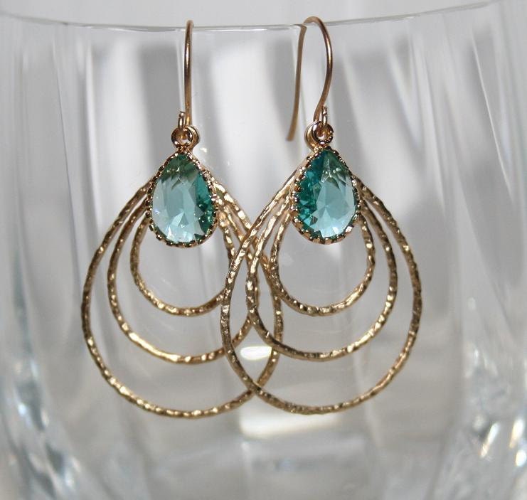 Chandelier Teardrop Gold Hoop Aqua Earrings, Bold Boho-Chic Bohemian Golden triple Hoop dangle Earrings, Modern Spring Jewelry
