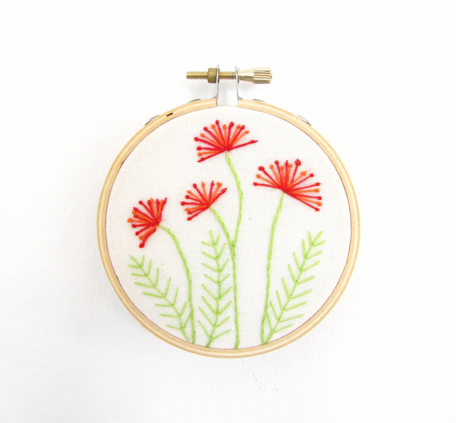 Embroidery Hoop Art - Pincushion Flowers red orange garden blooms