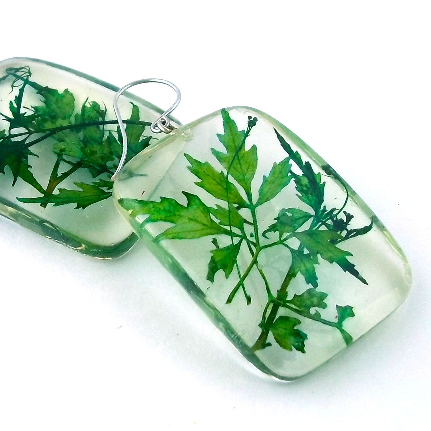 Large Botanical Statement Earrings.  Contemporary Resin Earrings with Green Leaves.   Handmade Jewelry with Real Flowers
