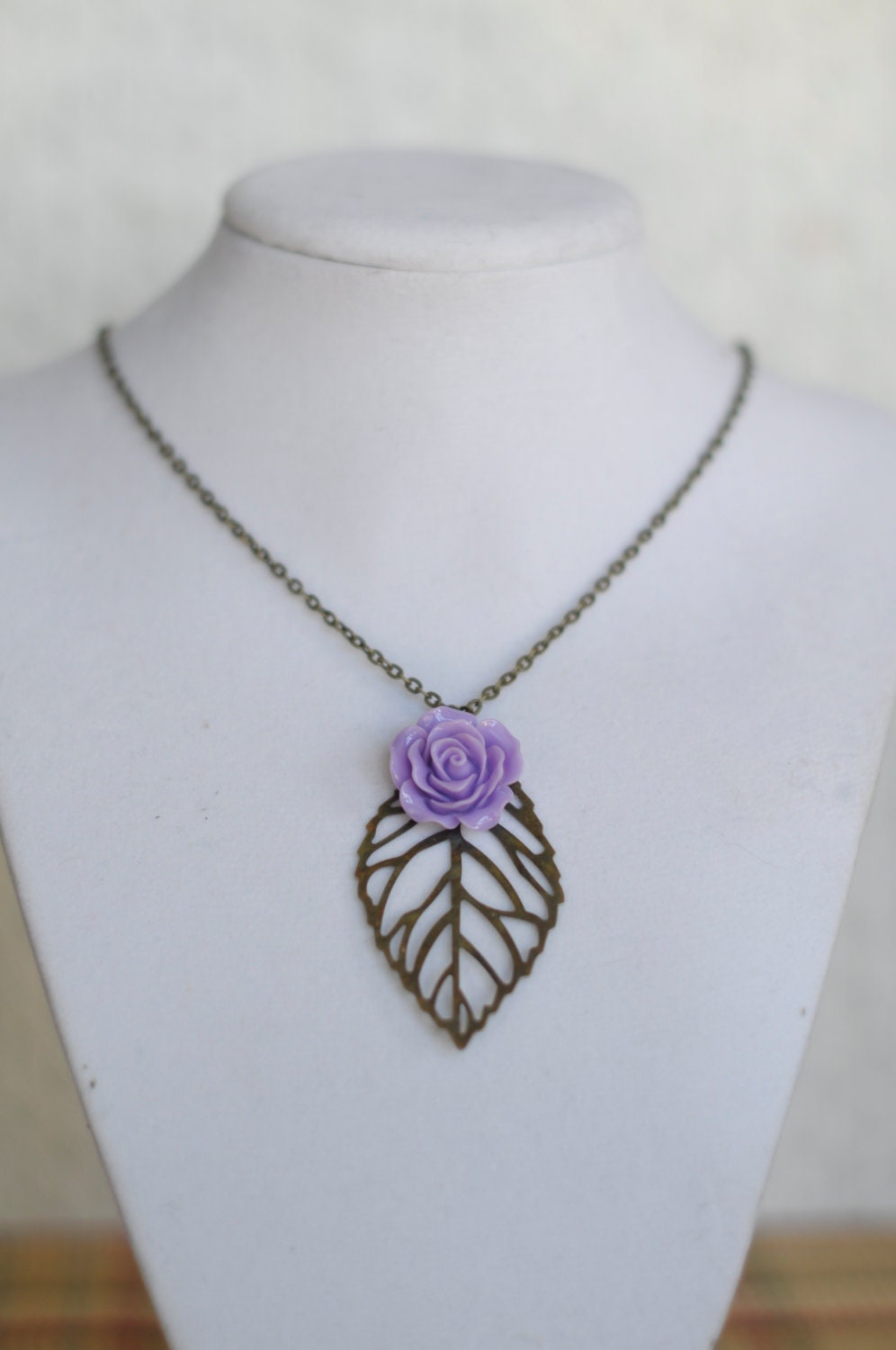 Antique Bronze  Leaf and Cabochon Rose Necklace...pick the color...turquoise, blue, yellow, white, pink, coral, purple, red