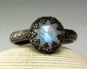Rainbow Moonstone Ring, Sterling Silver, Natural Blue Faceted Stone, Antiqued, made to order in your size