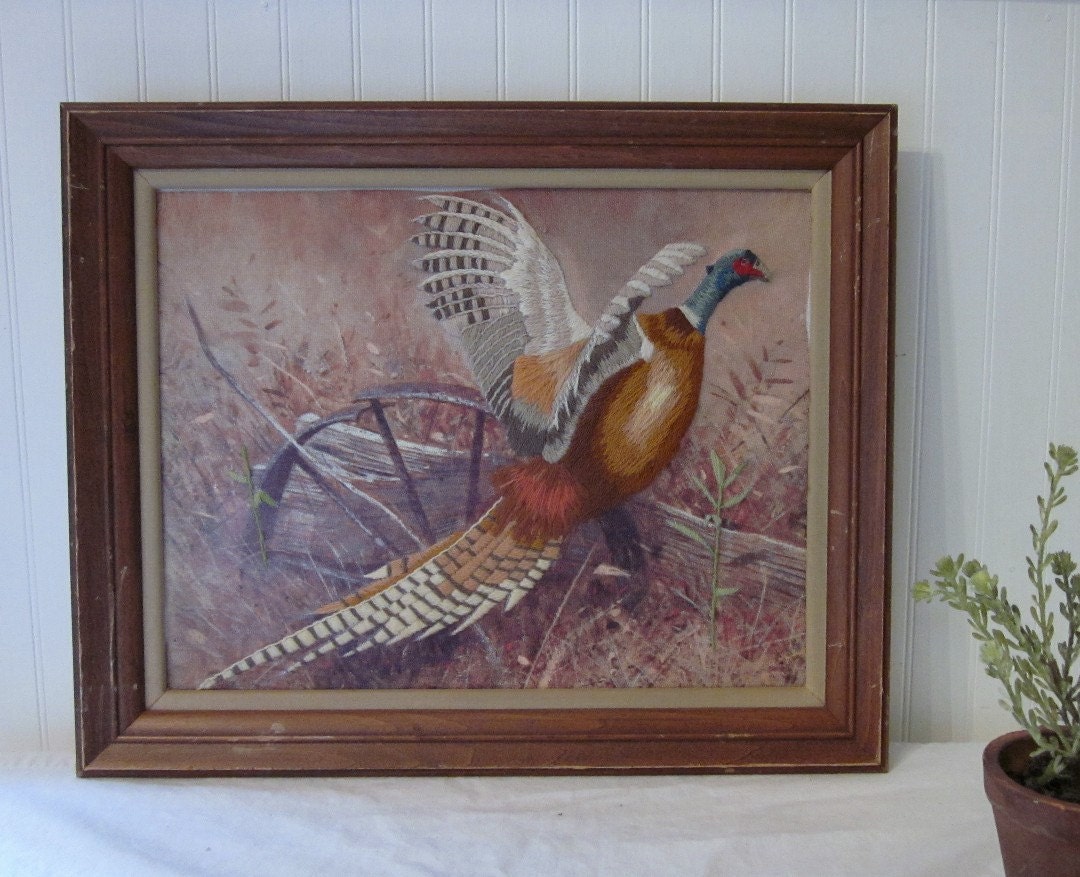 vintage Pheasant Crewel Needlework in Chippy, Rustic Wood Frame. Prairie Farmhouse Cabin Lodge Decor