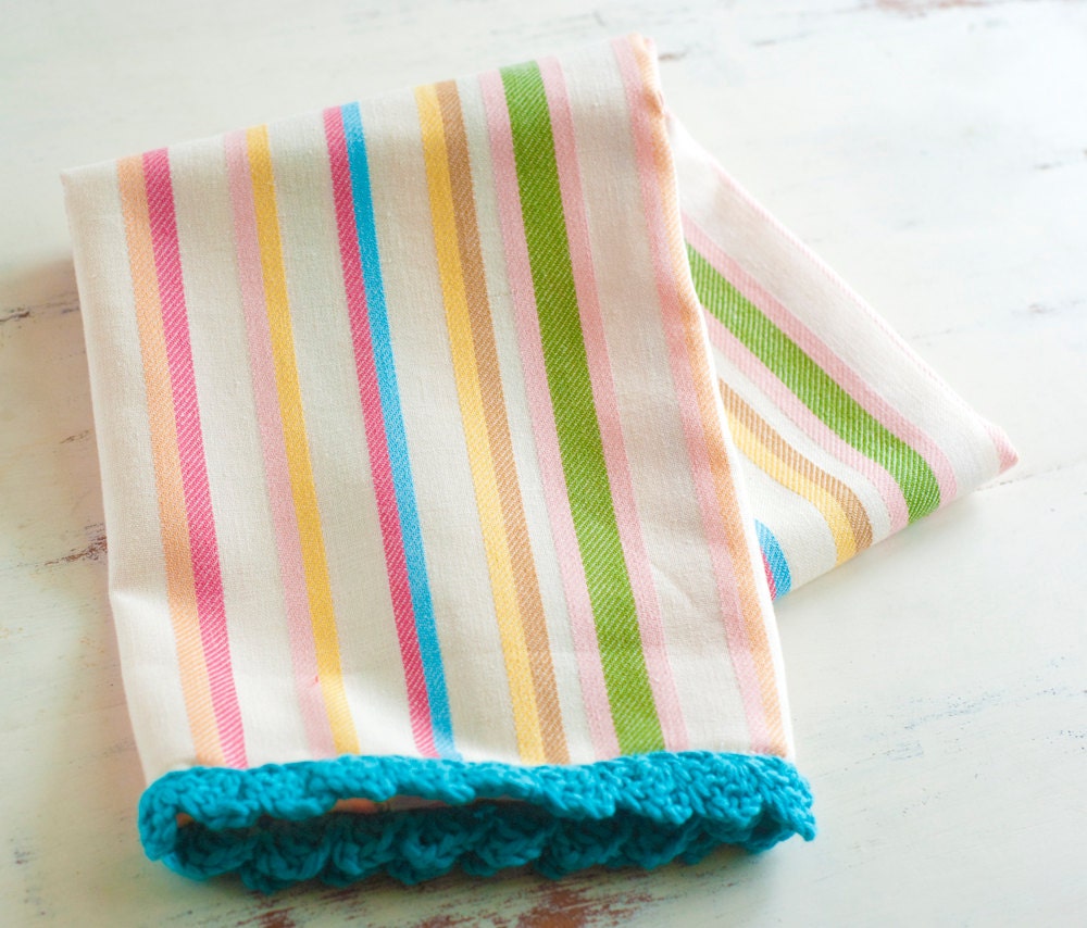 Kitchen towel, summer dish towel, crochet edge, striped cotton