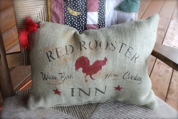 Burlap Rooster Primitive Pillow for Home