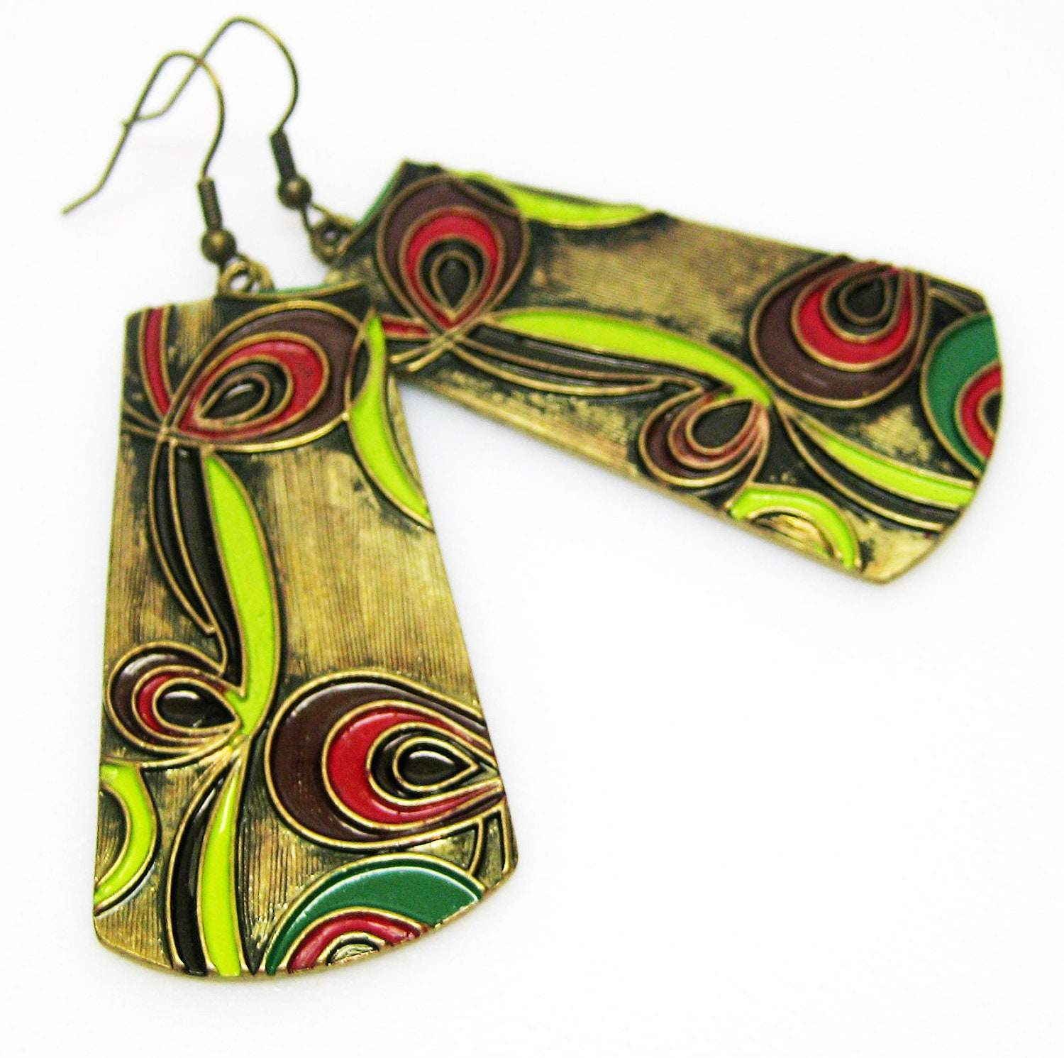 Brass Earrings - Art Deco - Dark Pink - Lime Green - Dangle