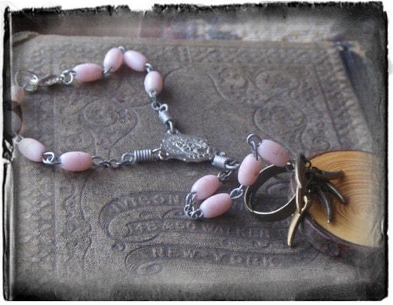 Agony and Ecstasy . Vintage Rosary and Crucifix with brass talons ring - Slave Hand Harness. OOAK