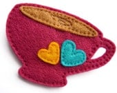 Pink Felt Teacup Brooch with Yellow & Blue Heart Detail - Love Afternoon Tea Mother's Day Gift / Gift for Her / Womens Statement Accessory