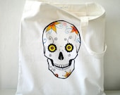 Skull Tote Bag  Hand Painted Floral skull Off White Cotton Gabardine ,  gift under 30