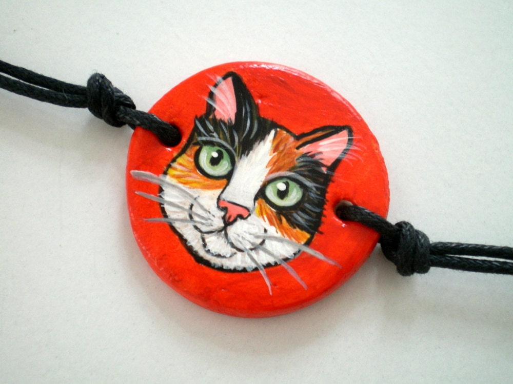 Cat Bracelet , hand paint calico cat red   clay wristband