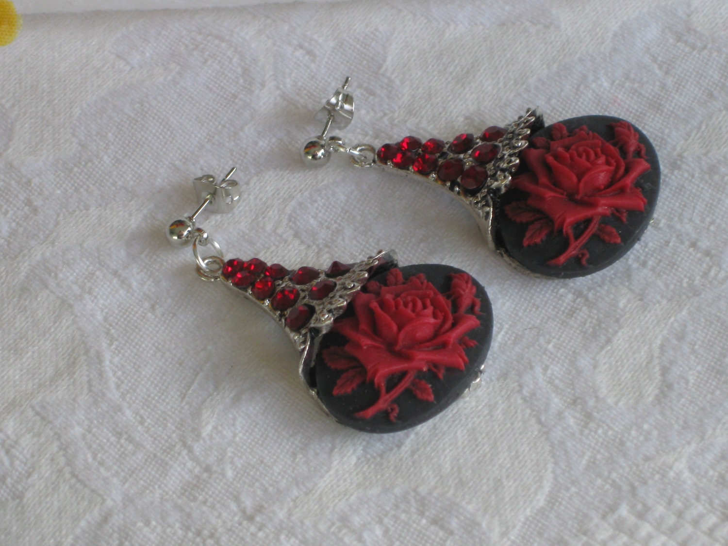 Floral Earrings, Red Earrings, Red, Rose, Silver, Vintage Inspired, OOAK, Earrings, Black Earrings, Flower