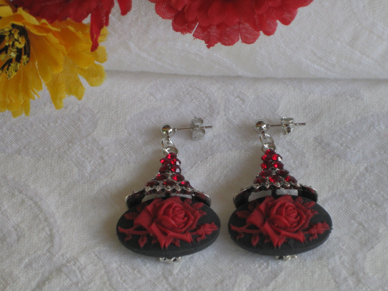 Floral Earrings, Red Earrings, Red, Rose, Silver, Vintage Inspired, OOAK, Earrings, Black Earrings, Flower