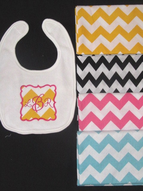 Monogram Bib You choose colors  Chevron Yellow, Black, Pink, Aqua