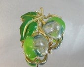 Vintage Apple Brooch. Green Apples.  Cherries. Lucite. Rhinestones