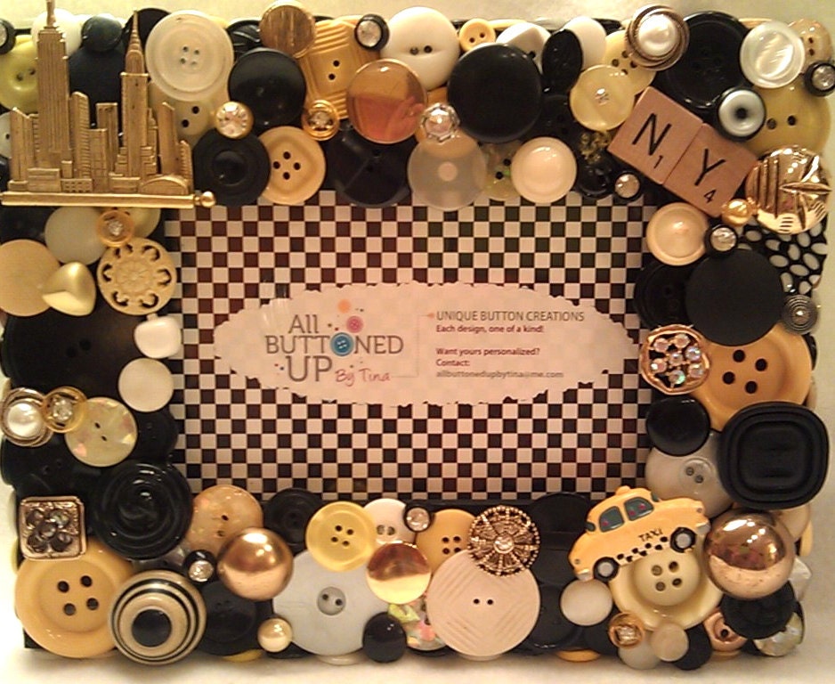 NY Taxi Themed Button Picture Frame in Black, White and Yellow for 4"x6" Photo