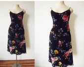 Sale Vintage 1990s Dress Medium / Black Floral Slip Sundress