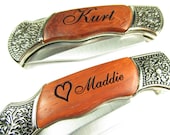Engraved Heart Rosewood Handle Pocket Hunting Knife Personalized Groomsman Groom Gift Keepsake