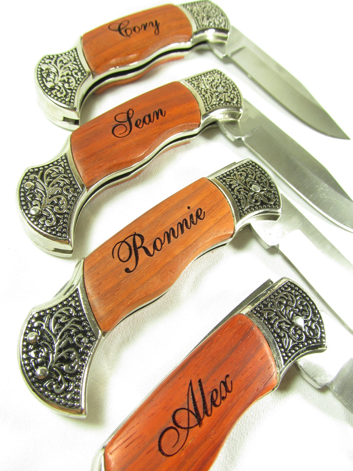 Set of 6 Personalized Engraved Rosewood Handle Pocket Hunting Knife Knives Groomsman Best Man Ring Bearer Gift