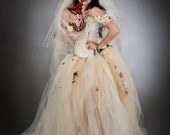 Size Medium ivory Moss and Tulle burlesque prom dress Zombie Corpse Bride with veil costume Ready to Ship