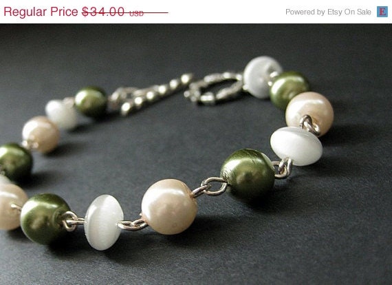 SUMMER SALE - Pearl Bracelet Beaded in Olive Green, Pink and White Cats Eye. Handmade Bracelet.