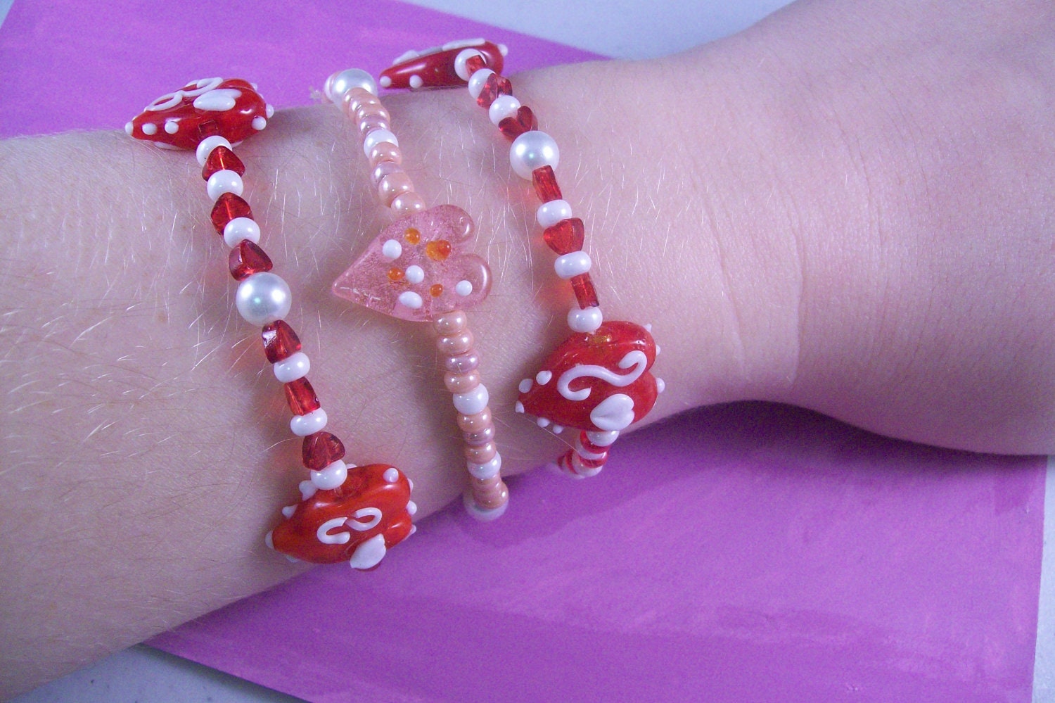 Red and White Hearts stretch bracelet set- Medium Teen set of 3