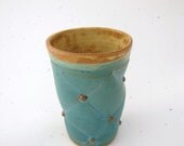 Turquoise Yellow and Orange Button Cup Tumbler Pint Handmade Stoneware Muddy Paws Pottery