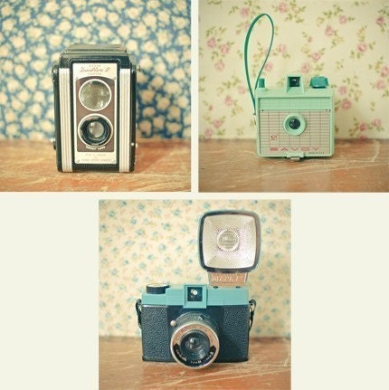 The Romantics - Camera photo, retro home decor, gift for photographer, mint, blue, black - Set of Three 5x5 Prints