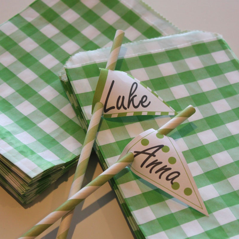 24 GREEN GINGHAM Favor Bags, Party, Wedding, Events, Favors, Bakery, Packaging