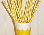 25 Sunshine Yellow Paper Drinking Straws with Printable Straw Flags, Paper Straws, Party, Beverage, Yellow Striped Straws