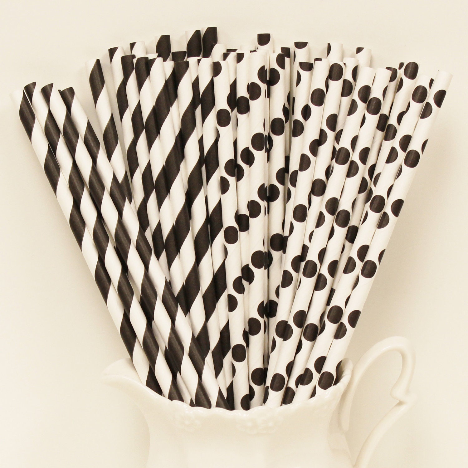 30 Chalkboard Black Stripes and Solid Black White Dots Assorted Paper Straws with DIY printable Straw Flags, Christmas, Retro Vintage