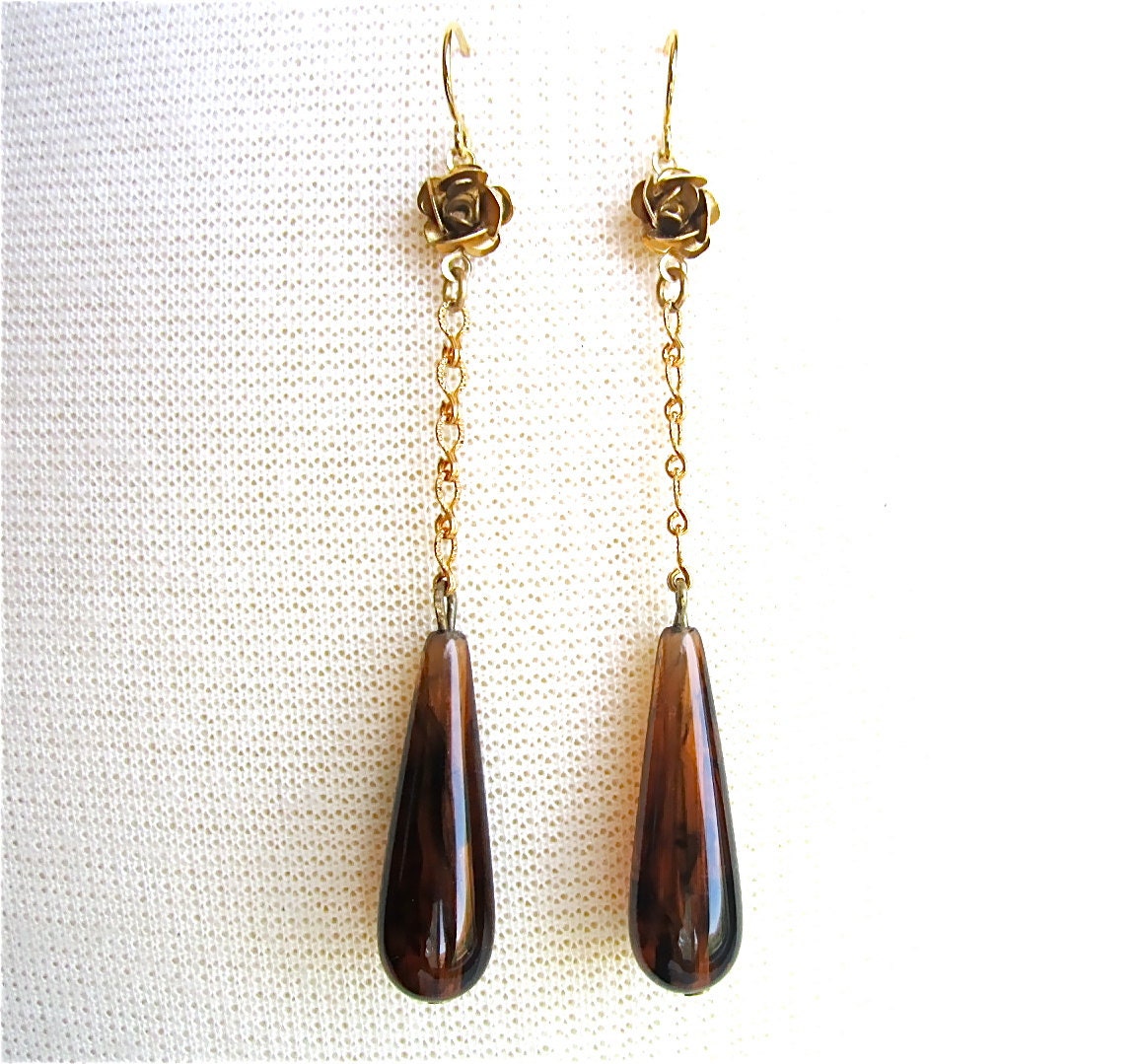 Tortoise Shell Earrings Long Dangle Earrings With Gold Rose Flower & Chain - Jamie Jean Earrings