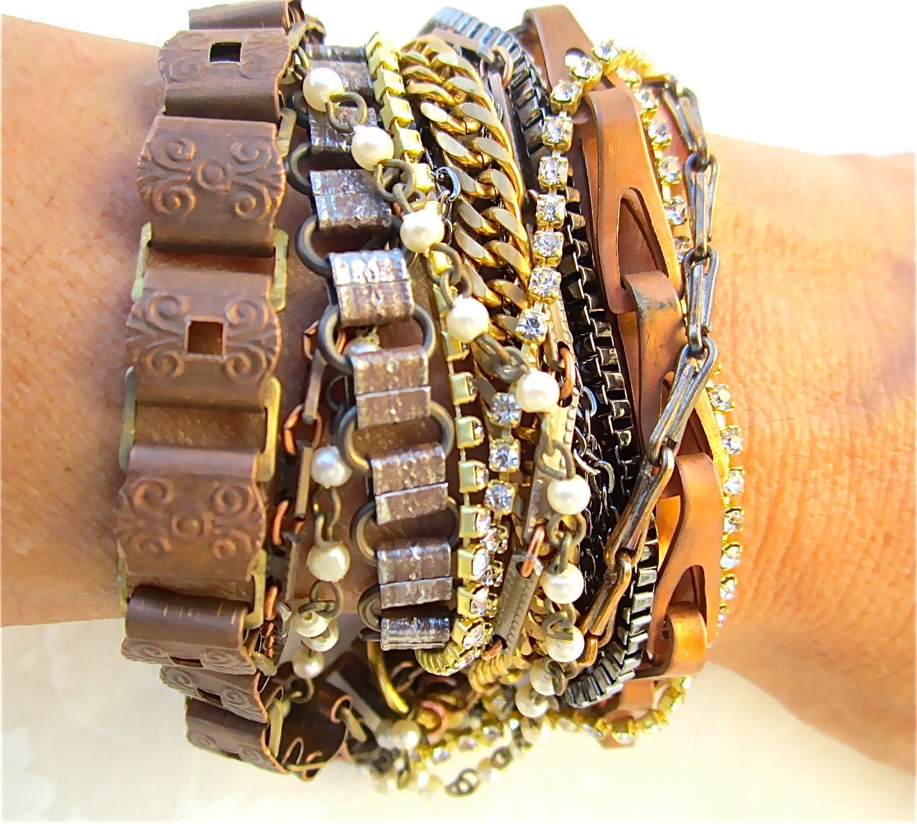 Multi Strand Bracelet Mixed Metal Cuff, Copper, Gold, Silver, Gunmetal, Rhinestone, Chunky Bridesmaid - He Said She Said Cuff
