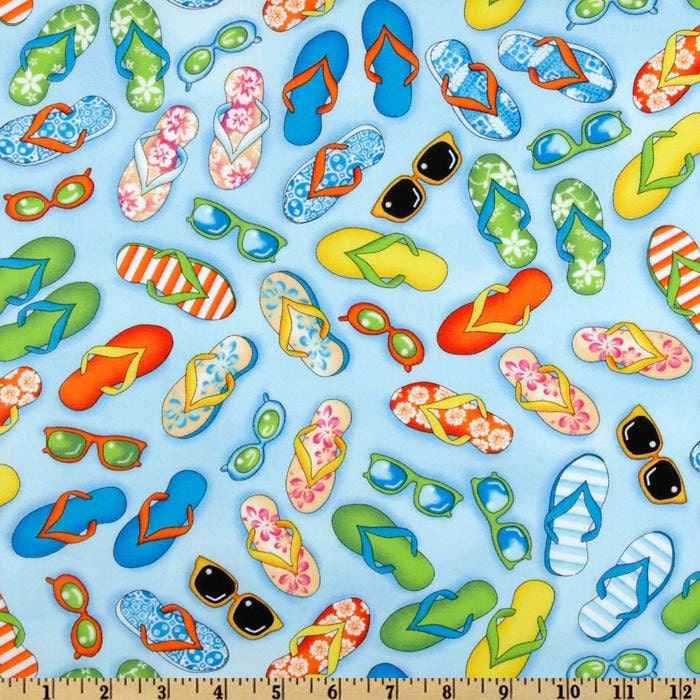 Spring Fun in The Sun Umbrellas EQ Fabric Flip Flops and Sunglasses Beach on Sky Blue