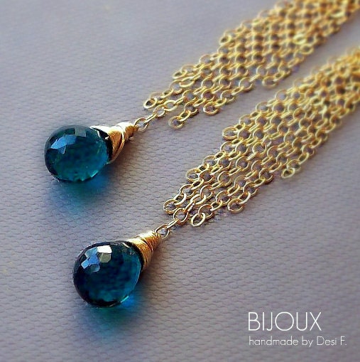 Teal Blue Quartz Tassel Earrings - 14K Goldfilled - "Uma".........