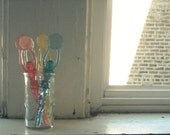 still life photography, art deco-style, shabby chic, pastel, pink, yellow, blue, sunny window, art, 8x12 - "Pretty Deco Twizzle Girls"