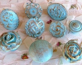 Instant Collection Vintage and Handmade Knobs 9 Cameo Rose Upcycled Distressed in Aqua Turquoise Blue