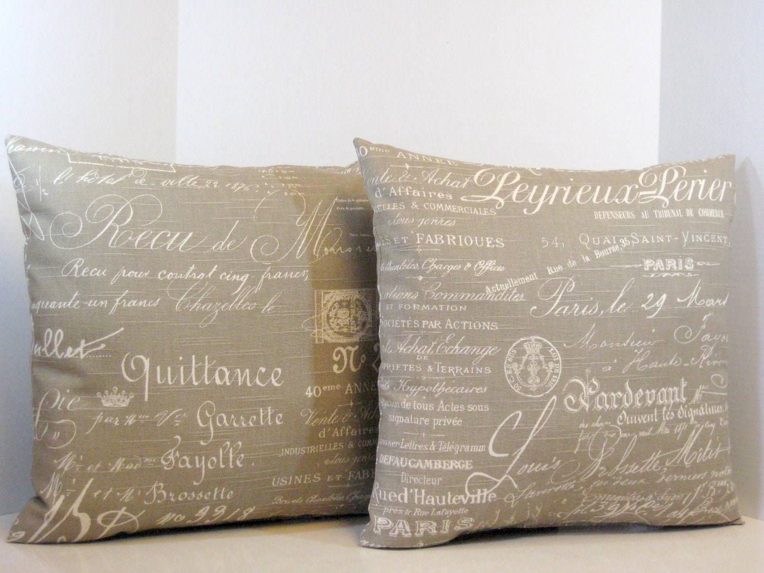 Pair of Pillows 16 Inch Taupe Paris Document French Script Fabric