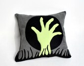 Zombie Hand Pillow- Halloween Home Decor- Ready to Ship- Grey Ultra suede- Appliqued Felt Cushion