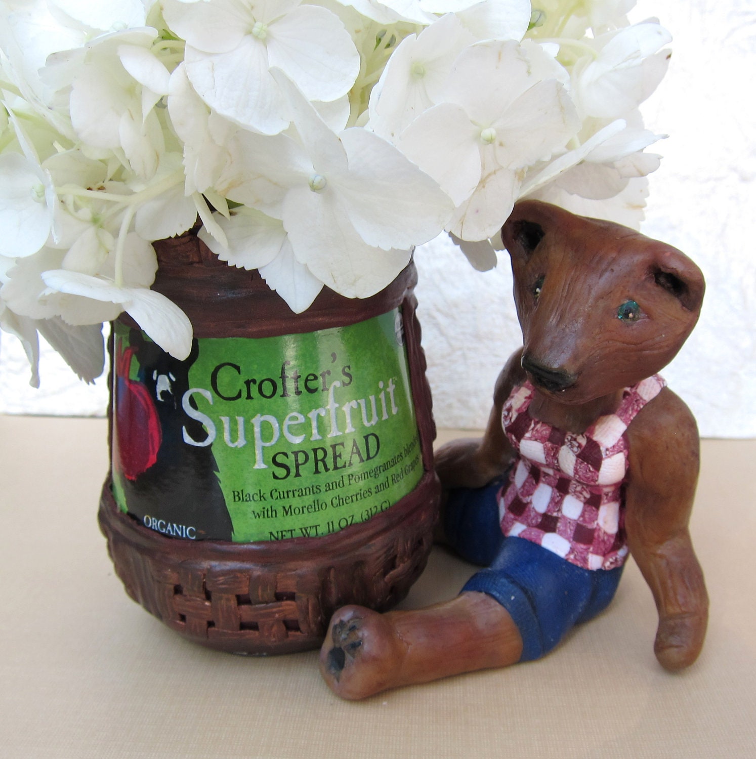 Country Decor Flower Vase Teddy Bear Picnic Theme - Glass Jelly Jar and Polymer Clay - 3 piece set