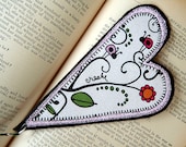 Valentine Heart Bookmark: Fabric wih Flowers and Lady Bugs, Pink Accent - ArtfullySew