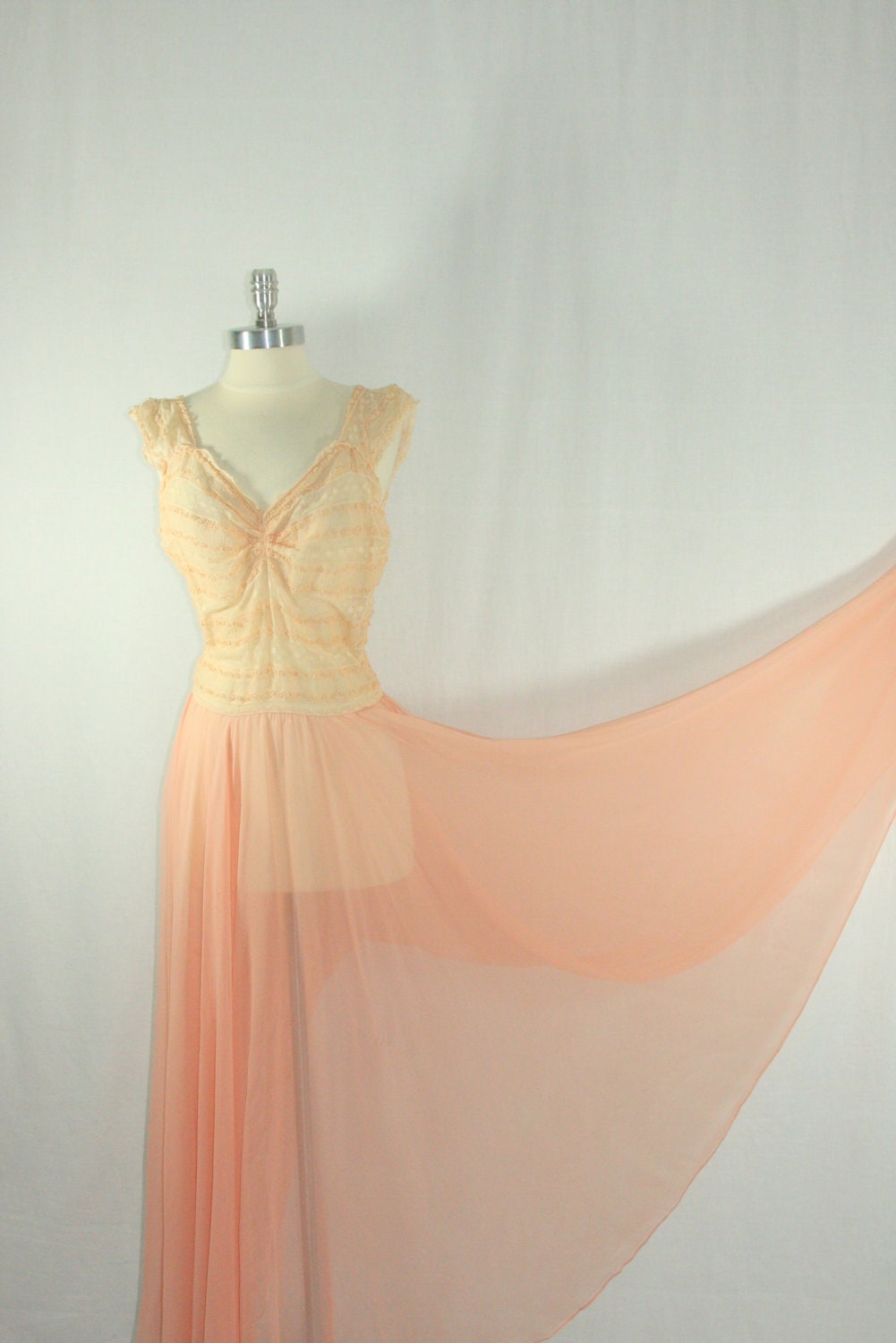 Late 1930s - Early 1940s Long Dress - Peach Silk Chiffon and Lace Flowing Full Length Gown