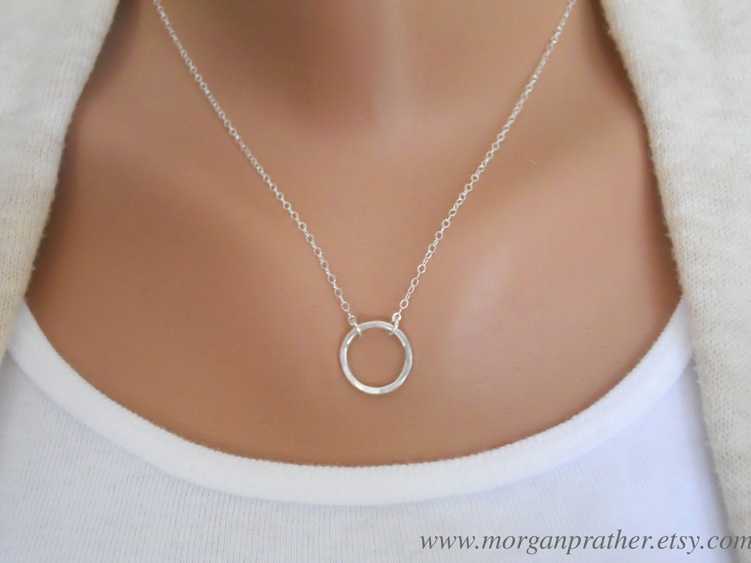 Sterling Silver Circle Eternity Necklace - Hammered Sterling Silver 1/2" Diameter Pendant - Suspended on Sterling Silver Fine Cable Chain