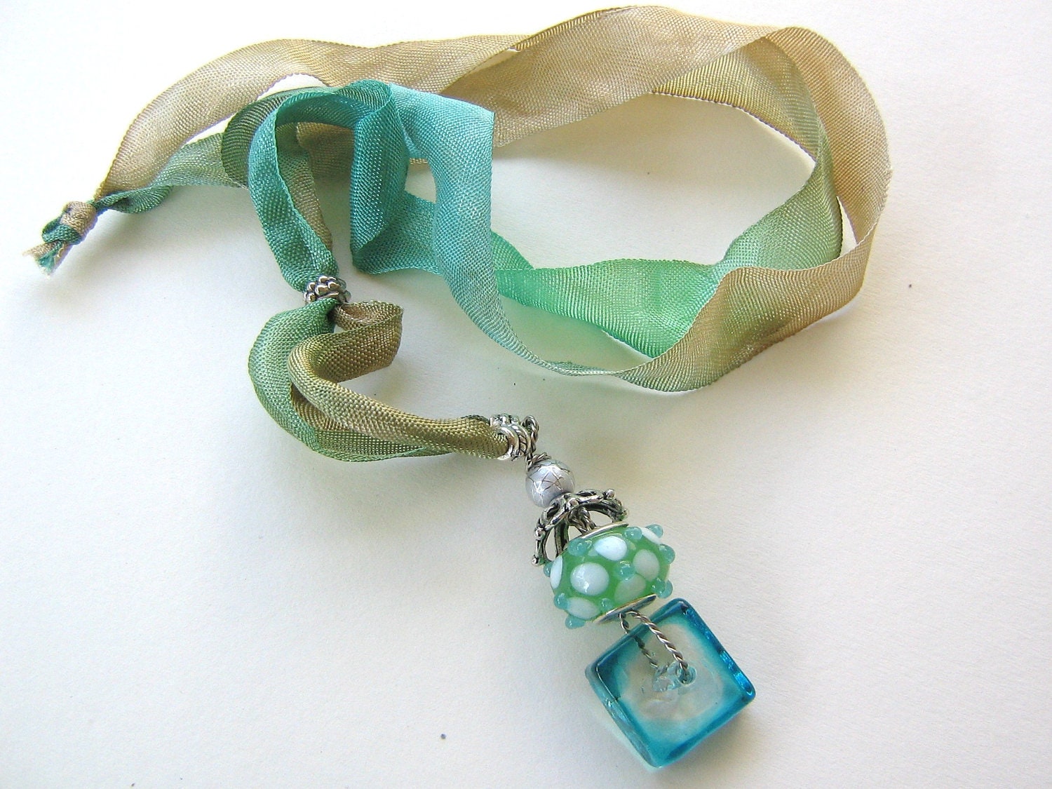 Turquoise, Green, Brown Ribbon Necklace - Bumpy Polka Lampwork - Hand-Dyed Ribbon - Beach colors - Jenniflair original