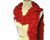 Hand Knit Ruffled Scarf - Red