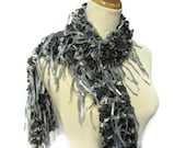 Hand Knit Ruffled Scarf - Black Gray