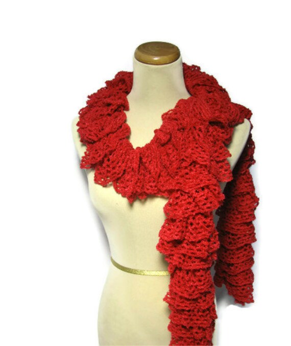 Hand Knit Ruffled Scarf - Red